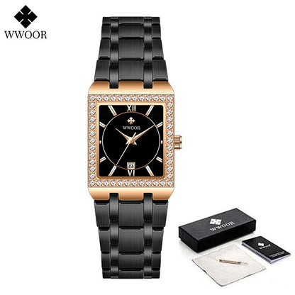 WWOOR Top Brand Luxury New Ladies Diamond Watch Fashion Square lady Wrist Watch Simple Women Dress Small Watch Relogio Feminino