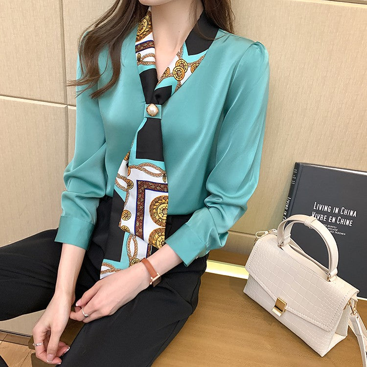 H Han Queen Spring Chiffon Simple Office Lady Blouse Female Shirt Bow Tops Long Sleeve Casual Korean OL Loose Blouses Women