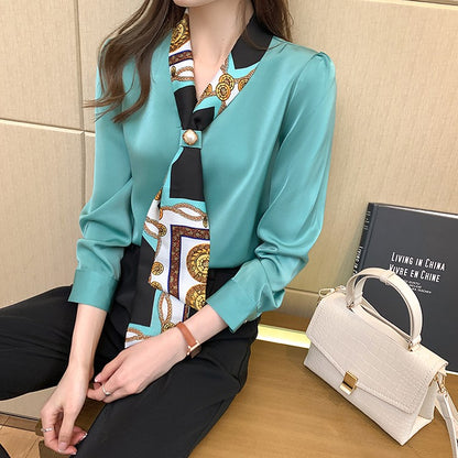 H Han Queen Spring Chiffon Simple Office Lady Blouse Female Shirt Bow Tops Long Sleeve Casual Korean OL Loose Blouses Women