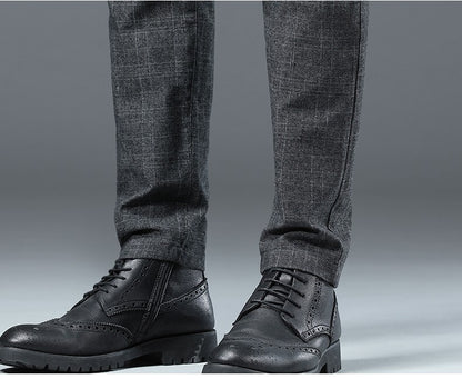 Autumn Winter New Fleece Thickened Casual Pants Men Business Straight Slim Plaid Pants Black Gray Men's Warm Trousers