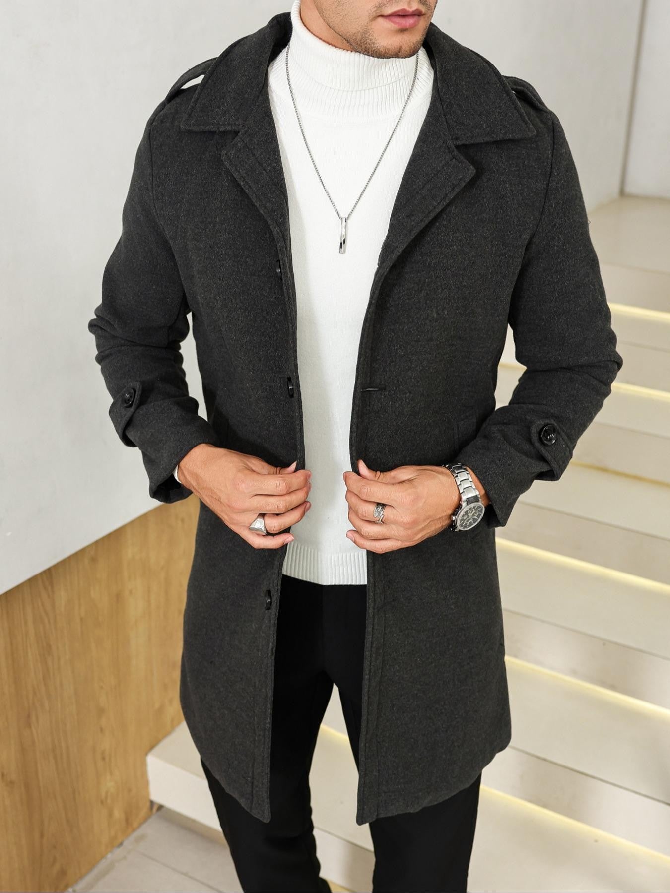 1PCS Men's Woolen Overcoat Jacket, Autumn Winter Casual Long Sleeve Outerwear, Lapel Pocket Design Comfortable Daily Wear