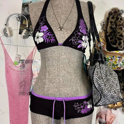2025 New Chic Split Bathing Suit Y2k Vintage Flower Pattern Bikini Set Swimsuit Women Halter Triangle Lace Up Shorts Sexy Bikini