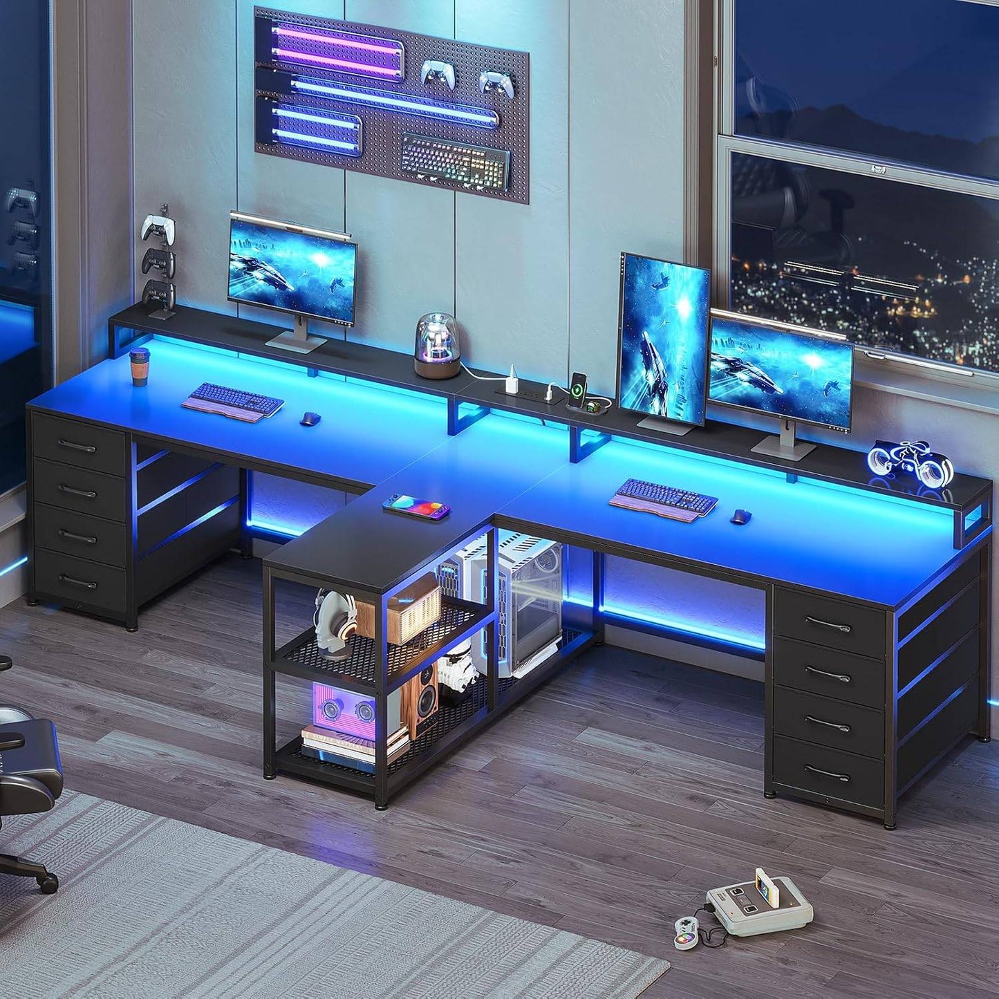 94.5" 2 Person Gaming Desk, Long Office Computer Desk with 8 Drawers & LED Lights, Two Person Desk with Storage, Power St