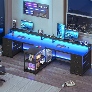 94.5" 2 Person Gaming Desk, Long Office Computer Desk with 8 Drawers & LED Lights, Two Person Desk with Storage, Power St