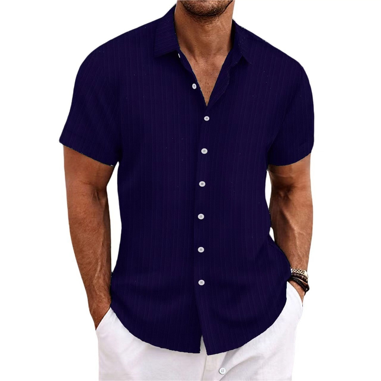 New Men's Cotton and Linen Striped Jacquard Casual Loose Short-sleeved Shirt