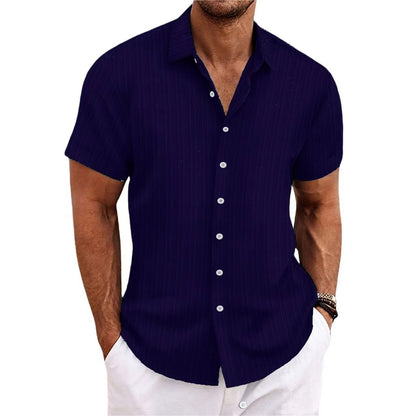 New Men's Cotton and Linen Striped Jacquard Casual Loose Short-sleeved Shirt