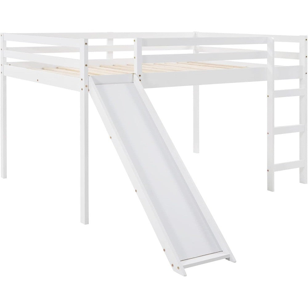 Cama Loft Completa com Escorregador, Cama Loft Baixa com Escada e Grade de Segurança, Estrutura de Cama Loft Completa de Madeira para Crianças, Adolescentes, Meninas e Meninos