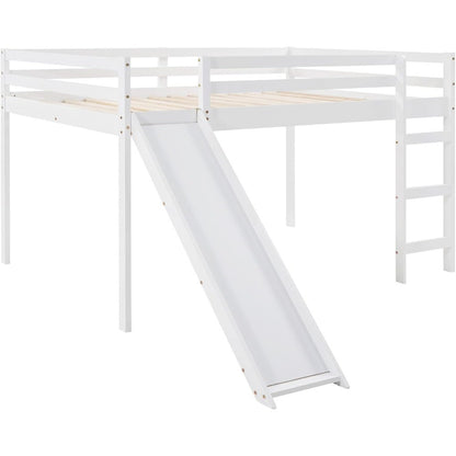 Cama Loft Completa com Escorregador, Cama Loft Baixa com Escada e Grade de Segurança, Estrutura de Cama Loft Completa de Madeira para Crianças, Adolescentes, Meninas e Meninos