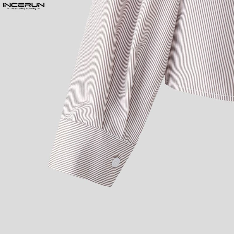 INCERUN Men Shirt Striped Lapel Long Sleeve Loose Casual Men Clothing Streetwear 2025 Korean Style Fashion Crop Tops Men