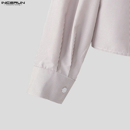 INCERUN Men Shirt Striped Lapel Long Sleeve Loose Casual Men Clothing Streetwear 2025 Korean Style Fashion Crop Tops Men