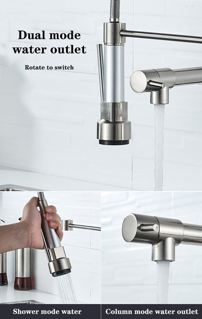 Torneira Misturador de Cozinha DQOK Preta Escovada de Mola com Ducha e Água Quente e Fria e Bico Duplo para Montagem em Deck