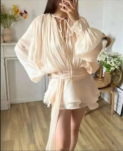 Beige Top Solid Blouse Mini Dresses For Women V Neck Long Sleeve Spliced Lace Up