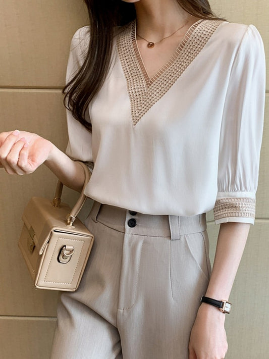 Embroidery Half Sleeve White Lace Women Blouses 2024 Autumn V-Neck Loose Chiffon Tops Shirt Office Lady Elegant Blusas 13366