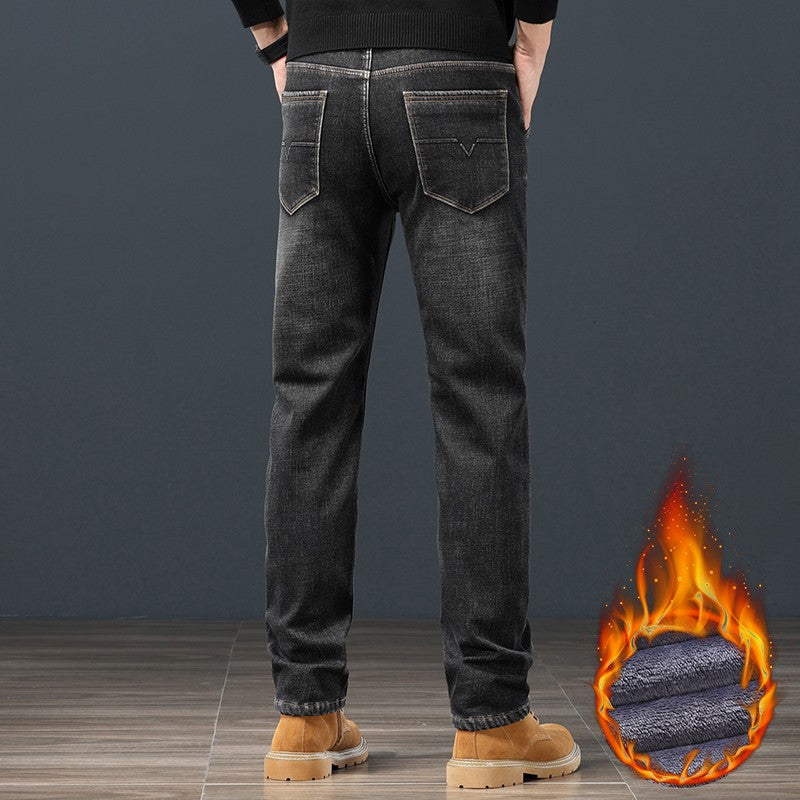 2024 Winter Warm Jeans Men's Fleece Thickened Slim Straight Trousers Fashion Stretch Cotton Casual Denim Pants Brand Clothes