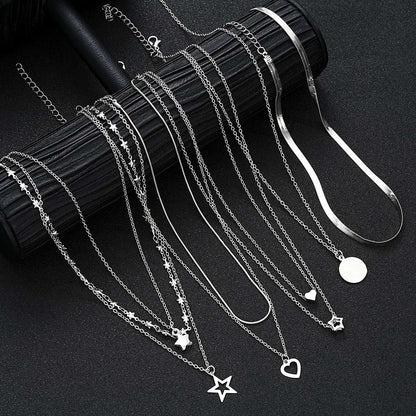 9 Peças Colares Simples Tipo Choker para Mulheres Moda Coração Amor Estrela Pingente Colar Camadas Joias Presente Europeu e Americano 2024