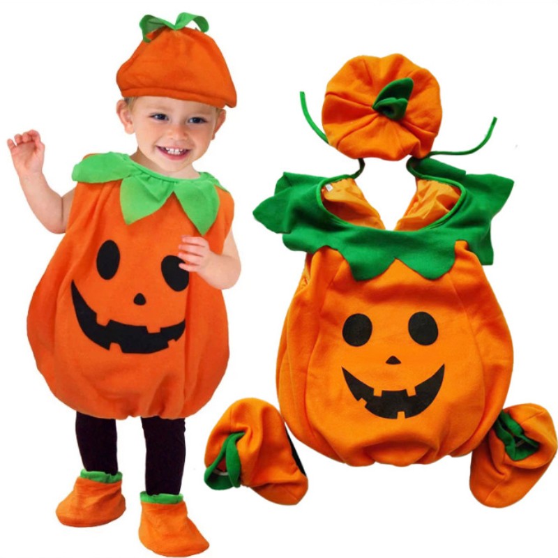 Kids Romper Costume Pumpkin Halloween Cosplay Party Boys Girls Stage Performance With Bags Holiday Clothing