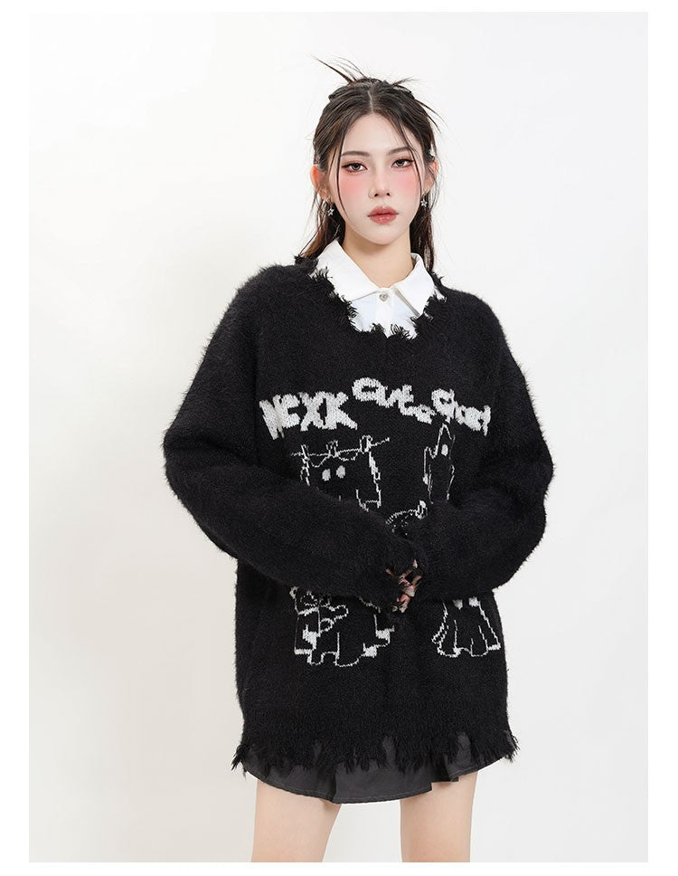 KKyesiou Dopane Orange Knitted Sweater loween Design Men Women Retro American Sle Couple's Long Sve Casual Loose Fit