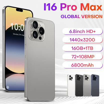 2026 Novo i16 Pro Max 6.8 polegadas HD 4K Android 14 16GB+1TB Bateria 6800mAh 4G 5G Dual SIM WiFi GPS Hot
