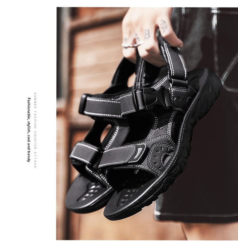 Summer Men Sandals PU Leather Lightweight Open Toe Flat Mens Casual Shoes Outdoor Walking Sandals for Men Beach Shoes Size 39-46