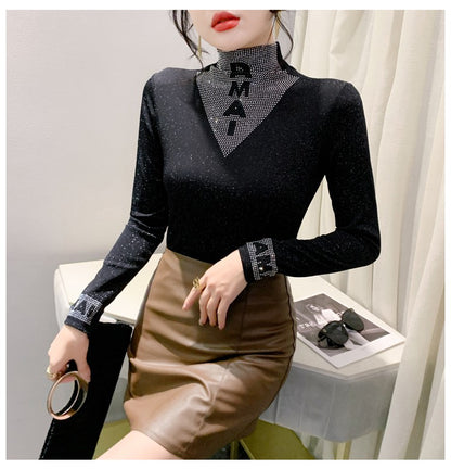 2025 European Station Long Sleeve Women Tees Autumn Winter New Stand collar Hot Diamond T Shirt Fashion Slim Mesh Tops