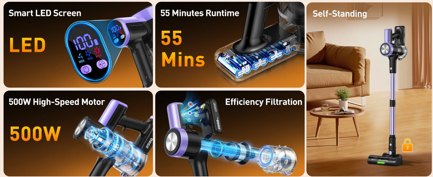 500W/46KPA Self-Standing Cordless Vacuum Cleaner,60 Mins Handheld Vacuum Cleaners,Smart LED Screen Vacuum for Carpet/Pet Hair