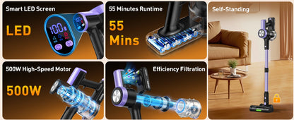 500W/46KPA Self-Standing Cordless Vacuum Cleaner,60 Mins Handheld Vacuum Cleaners,Smart LED Screen Vacuum for Carpet/Pet Hair