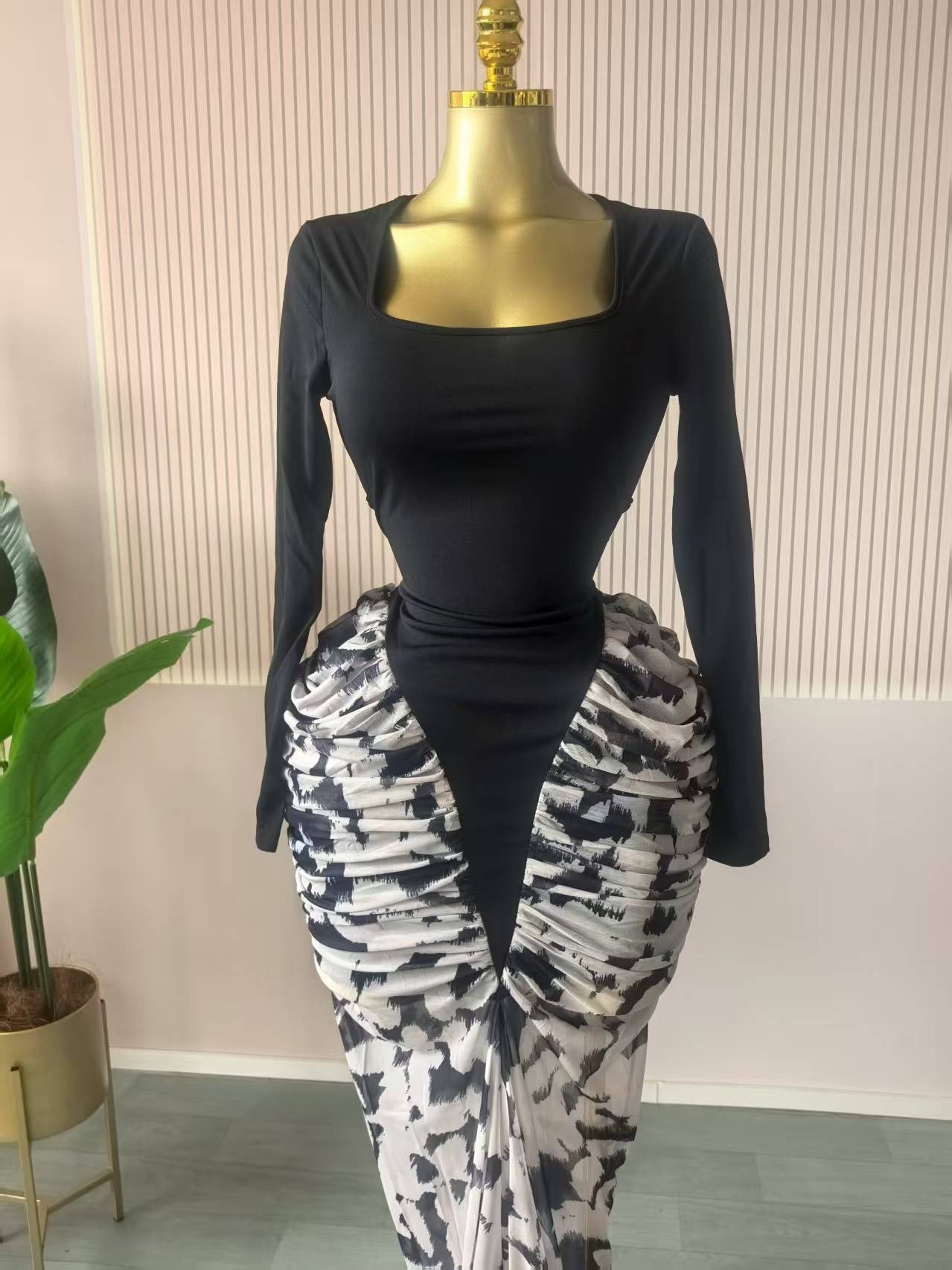 CM.YAYA Women Print Patchwork Stacked Ruched Long Sleeve Bodycon Midi Maxi Long
