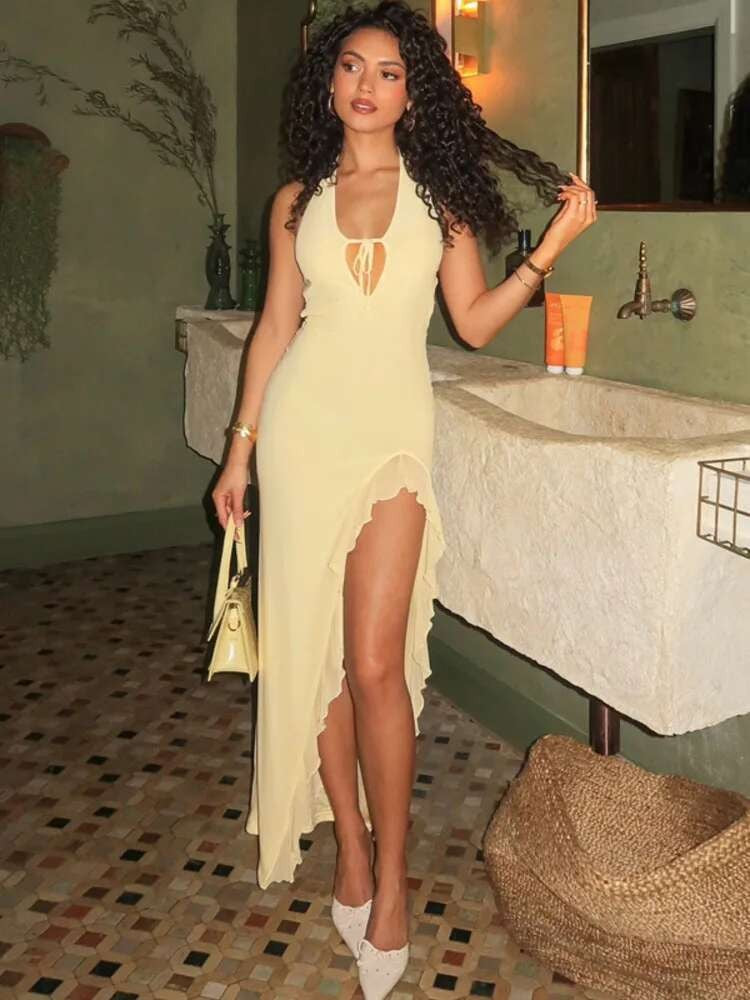 Avrilyaan Ruffle High Split Sexy Dress Women 2024 Robes Elegant Evening Summer D