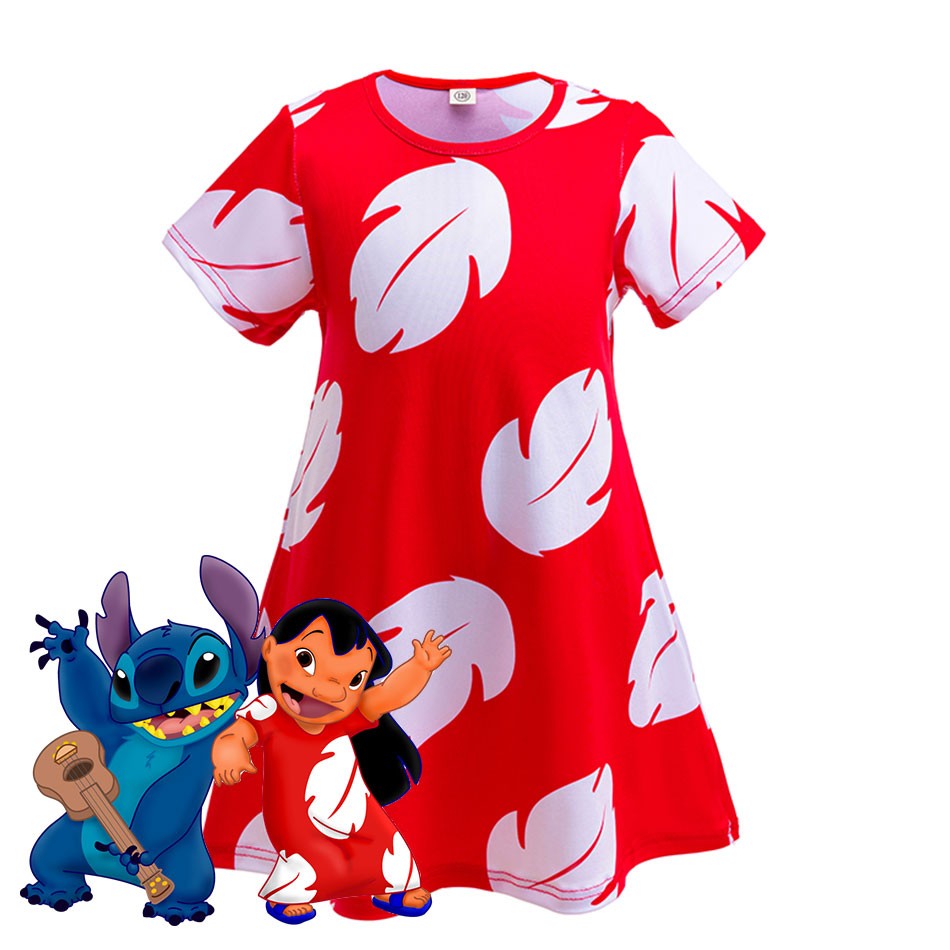Disney Lilo Costume Girl Cosplay Red Dress Short Sleeve Pajamas Hawaiian Printed Dress Summer Beach Outfit + Stitch Doll Set