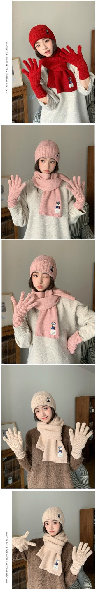 Embroidered Puppy Knitted Hat Scarf Gloves Three-Piece Set for Women Winter Warmth Earflap Beanie