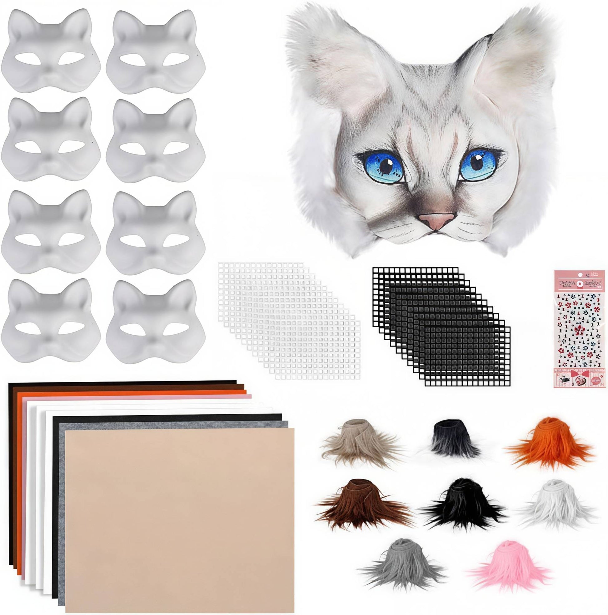 43 Pcs DIY Therian Mask Kit Half Face Hand-painted Cat Mask DIY Masks Blank White Cat Mask for Carnival Masquerade Cosplay Party
