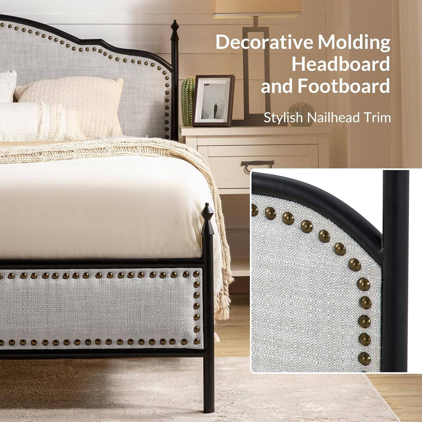 Estrutura de Cama Queen EcoHarbor com Cabeceira, Plataforma de Cama de Metal Estilo Fazenda Estofada em Linho com Estrado de Madeira Reforçado