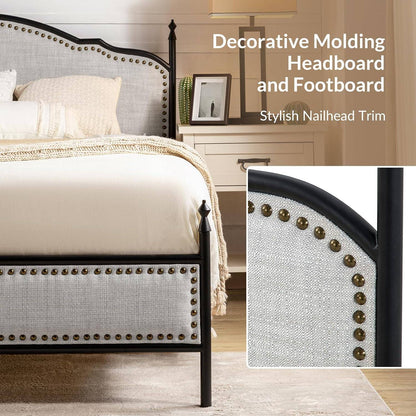 Estrutura de Cama Queen EcoHarbor com Cabeceira, Plataforma de Cama de Metal Estilo Fazenda Estofada em Linho com Estrado de Madeira Reforçado
