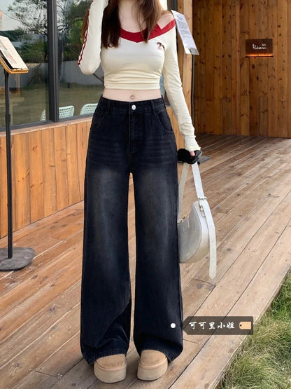 Gray American High Street Wide Leg Jeans Women Loose Drapey Slim Straight Floor-Length Pants High Waist Button Decoration