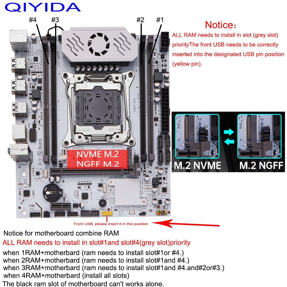 QIYIDA X99 Motherboard set LGA 2011-3 Xeon E5 2680 V4 CPU DDR4 8GBx2PCS=16GB NVME NGFF M.2 SATA3.0 USB3.0 X99 C612chip