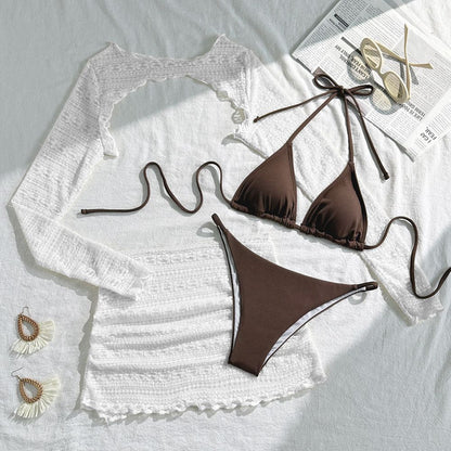 Women Bikini 4 Piece Set Tie Dye/Mesh Lace Long Sleeved Top Skirt Bottom Halter Bikini 2025 New Sexy Slim Beachwear Size S-XL