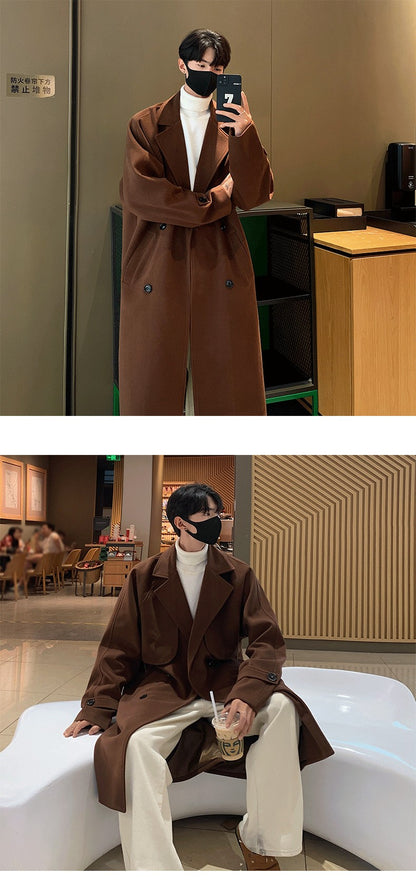Men's Autumn Winter Mid Length Woolen Coat New Korean Tide Black Thickned Overcoat Long Sleeve Double-breasted Jackets