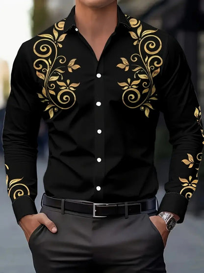Men's floral-print ethnic-style blouse, Western-style denim shirt, long-sleeved