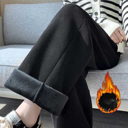 Winter Lady High Waisted Fleece Pants Girls Warm Thermal Straight Leg Trousers Female Classic Solid Drawstring Pants