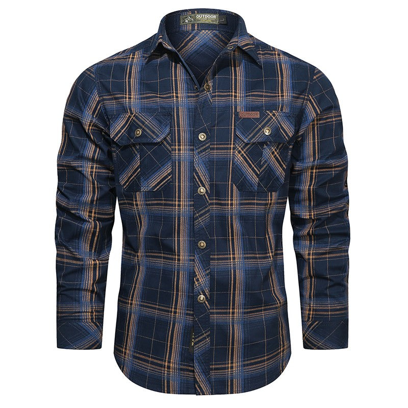 2024 New Plaid Shirt for Men Long Sleeve Striped Outdoor Casual Shirts Turn-down Collar 2-Pokcet Cargo Shirts High Quality Tops