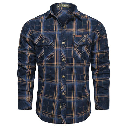 2024 New Plaid Shirt for Men Long Sleeve Striped Outdoor Casual Shirts Turn-down Collar 2-Pokcet Cargo Shirts High Quality Tops