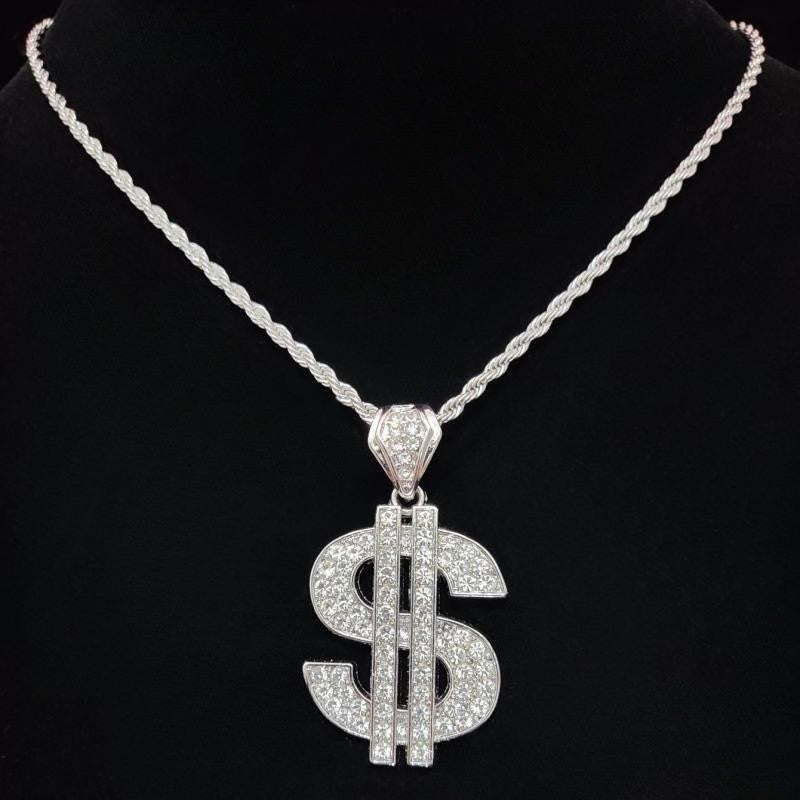 Colar com pingente de dólar hip-hop para homens e mulheres com corrente cubana de 13 mm, pingentes hip-hop cravejados, colares de joias modernas punk, presentes