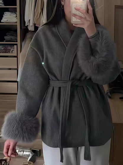 Lace-Up Short Overcoat Women's Coat Office Lady Elegant Woolen Furry Patchwork Long Sleeve Coats 2025 New Loose Cardigan Jackets