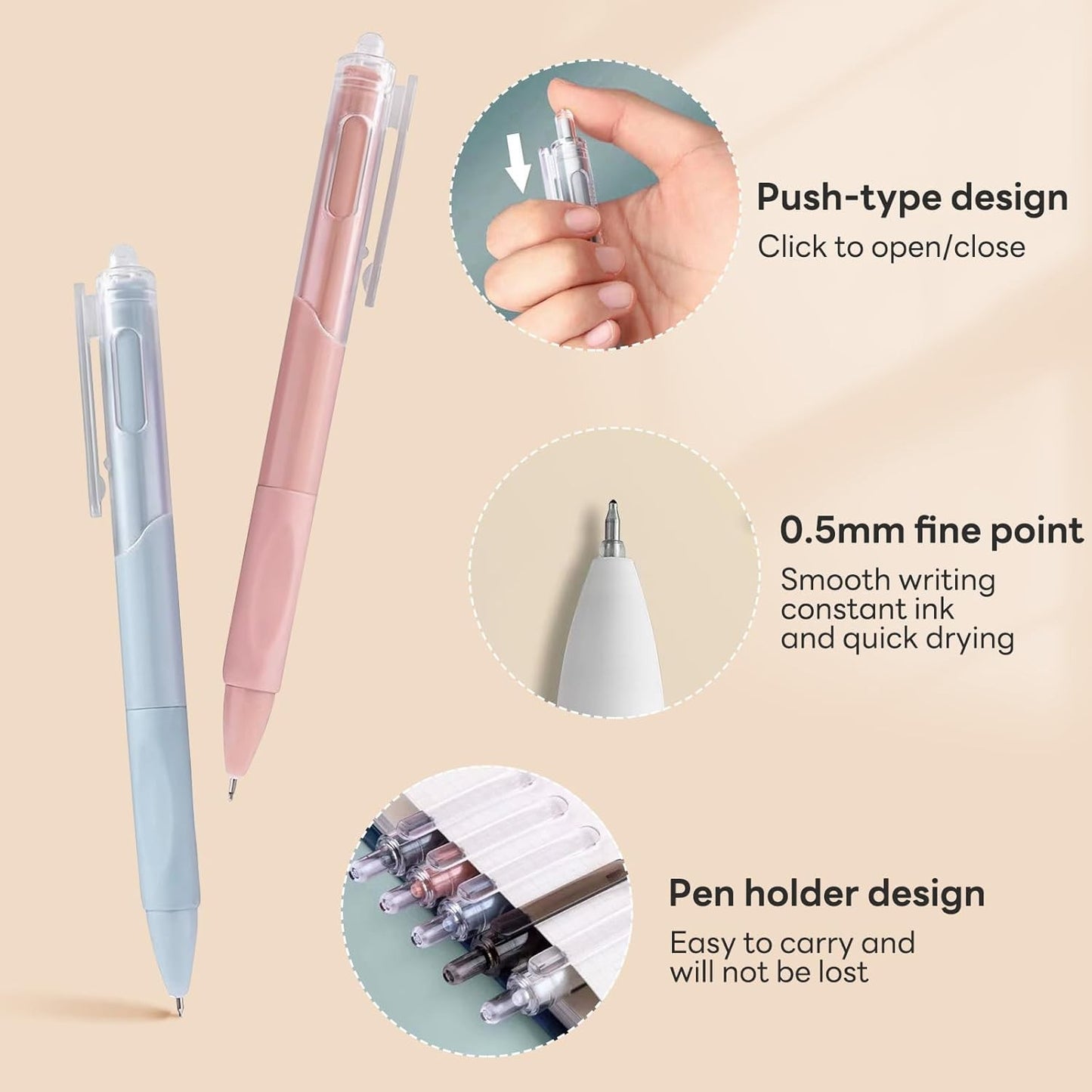 Canetas Gel Retráteis, Pacote com 5, Tinta Preta de Secagem Rápida 0,5mm, Canetas Esferográficas de Escrita Suave para Escola, Escritório e Material de Papelaria