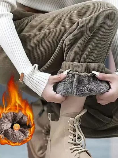 Solid Casual Thicken Women Corduroy Pants Lamb Fleece Padded Cashmere Warm Sweatpants Female Elastic Waist Soft Fur Trousers