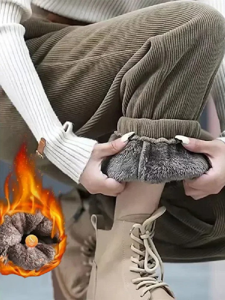 Solid Casual Thicken Women Corduroy Pants Lamb Fleece Padded Cashmere Warm Sweatpants Female Elastic Waist Soft Fur Trousers