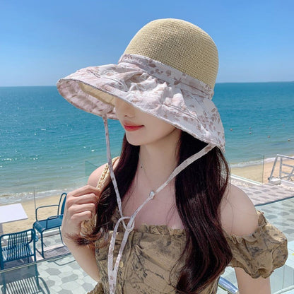 Fashion Flower Print Straw Hat Sun Protection Wide Brim Beach Hat Can Be Used As Bag Breathable Visor Hat Outdoor