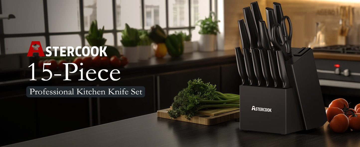 Conjunto de Facas de Cozinha Astercook com Bloco Amolador Embutido, Próprio para Lava-Louças, Conjunto de Bloco de Facas de Aço Inoxidável Alemão de 15 Peças