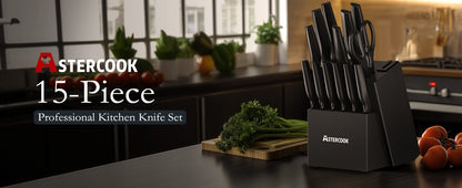 Conjunto de Facas de Cozinha Astercook com Bloco Amolador Embutido, Próprio para Lava-Louças, Conjunto de Bloco de Facas de Aço Inoxidável Alemão de 15 Peças