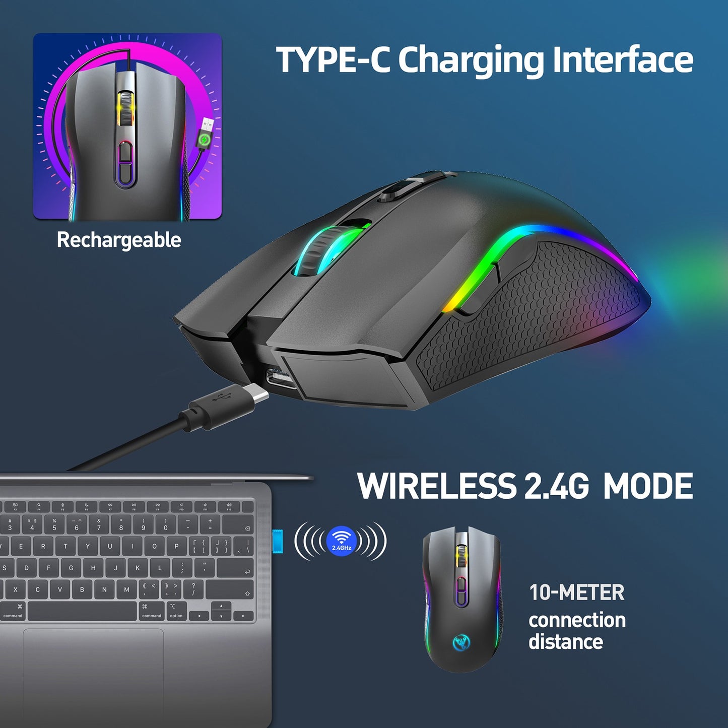 Mouse Mecânico Sem Fio RGB HXSJ T69 2.4G Mouse Gamer Ergonômico com 7 Botões Programáveis 4800DPI para Escritório e Jogos